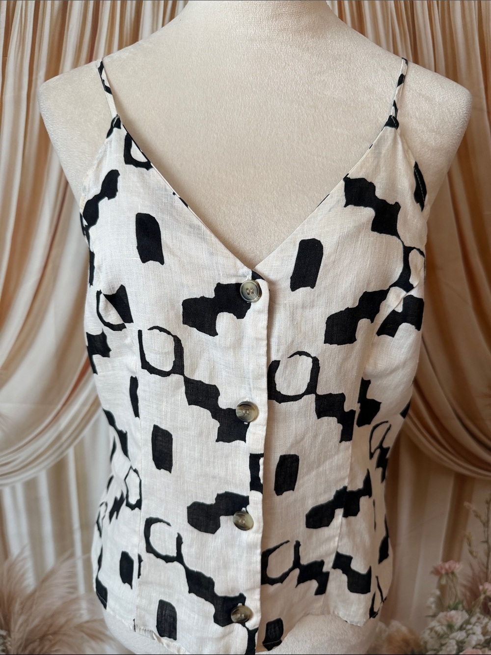 H&M Black and White Patterned Linen-Blend Spaghetti Strap Camisole